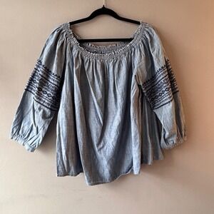 Gap 1969 Womens XL Blue Chambray Embroidered Off Shoulder Peasant Blouse Top
